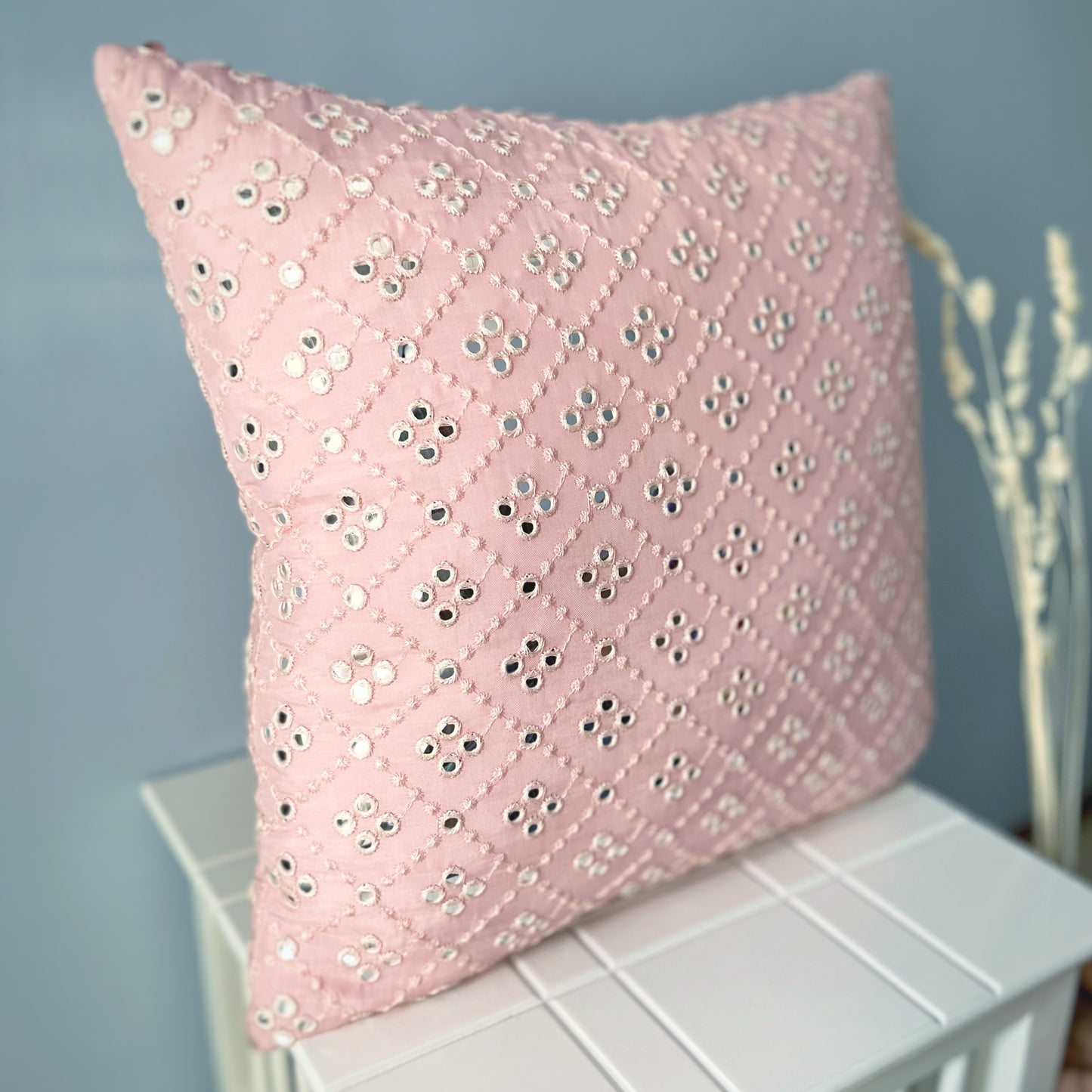 Pretty in Pink - Mirror Work Cushion Cover (Uppada Silk)