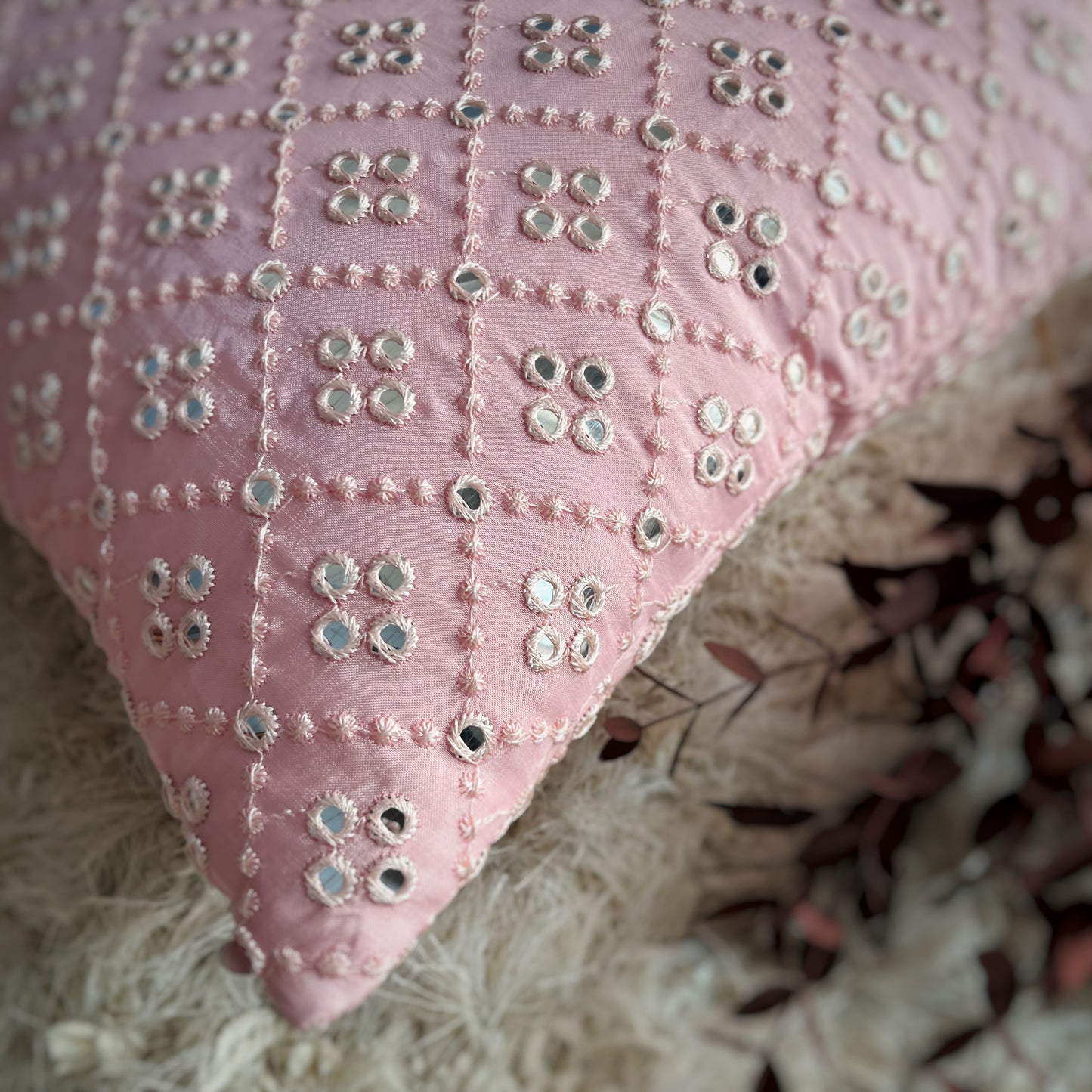 Pretty in Pink - Mirror Work Cushion Cover (Uppada Silk)