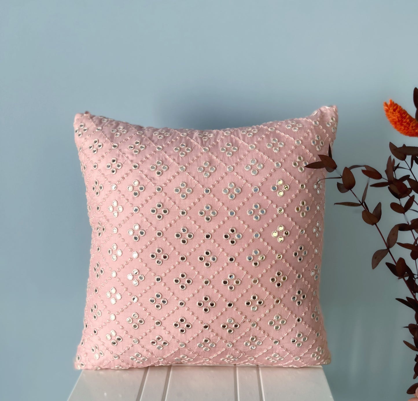 Pretty in Pink - Mirror Work Cushion Cover (Uppada Silk)