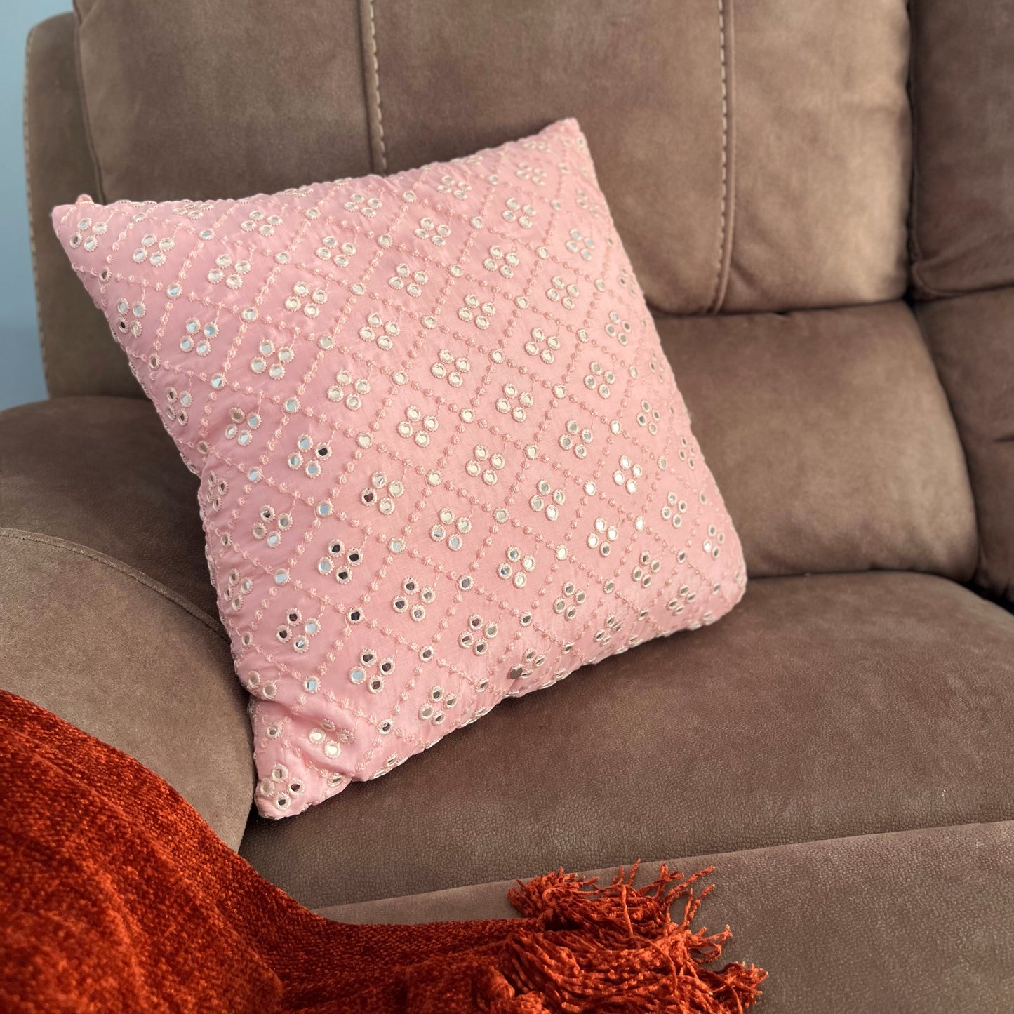 Pretty in Pink - Mirror Work Cushion Cover (Uppada Silk)