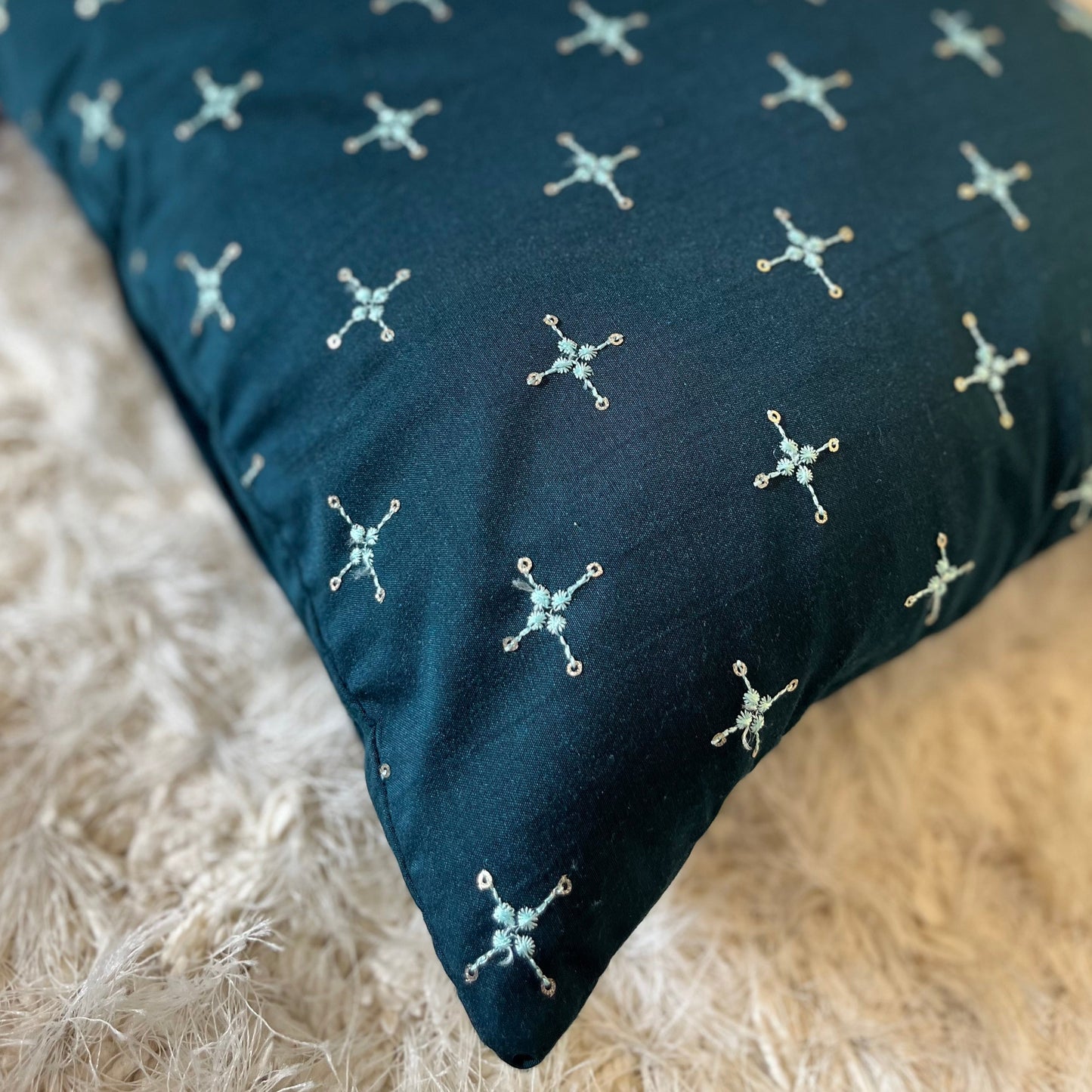 Woodland Whispers - Bluish Green Embroidered Cushion Cover