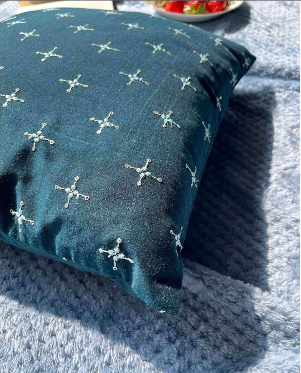 Woodland Whispers - Bluish Green Embroidered Cushion Cover