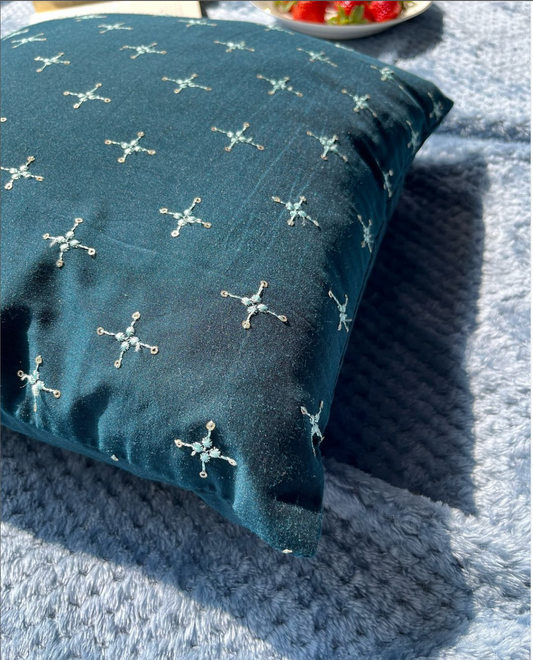 Woodland Whispers - Bluish Green Embroidered Cushion Cover